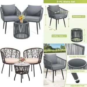 Outdoor Patio Bistro Set with 3 Pieces Rattan Wicker Furniture