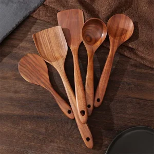 5pcs Wooden Utensil Set with Hanging Holes